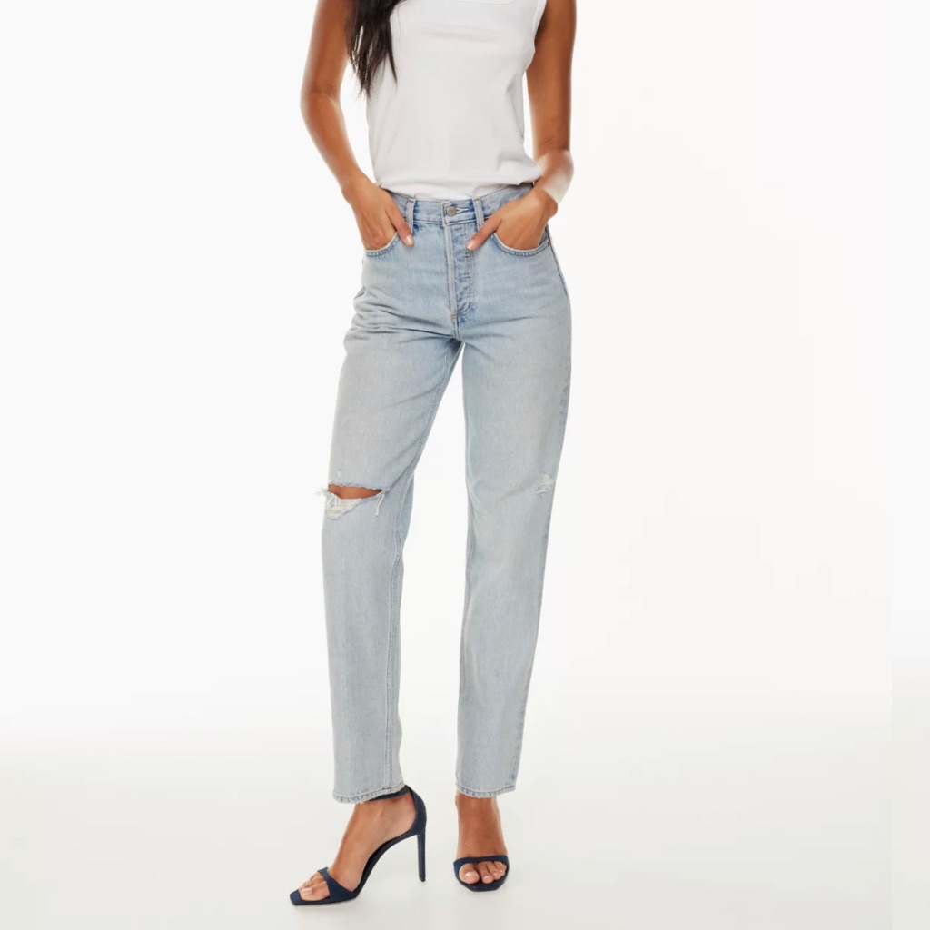 Aritzia Denim Forum Ex Boyfriend Jeans Light Blue Distressed